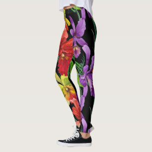 Beautiful Watercolour Orchid Flowers on Black Leggings