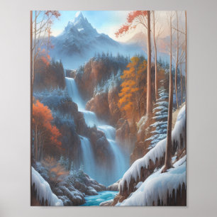 Beautiful Waterfall in a Snowy Forest Poster