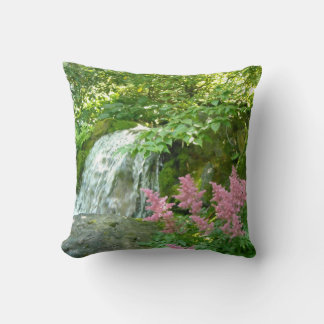 Beautiful Waterfall Scene with Pink Astilbe Throw Pillow