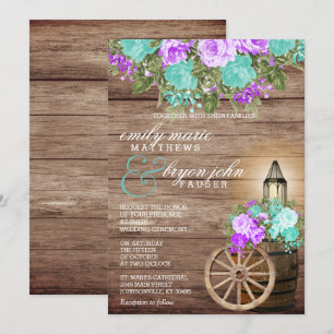 Beautiful Weathered Wood with Teal & Purple Floral Invitation