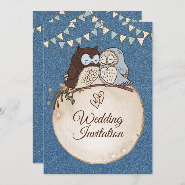 Beautiful Wedding Blue Brown Owl Glitter Invitation (Front/Back)