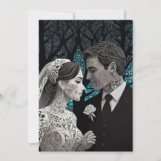 Beautiful wedding couple on a blue Tree of Life Invitation (Back)