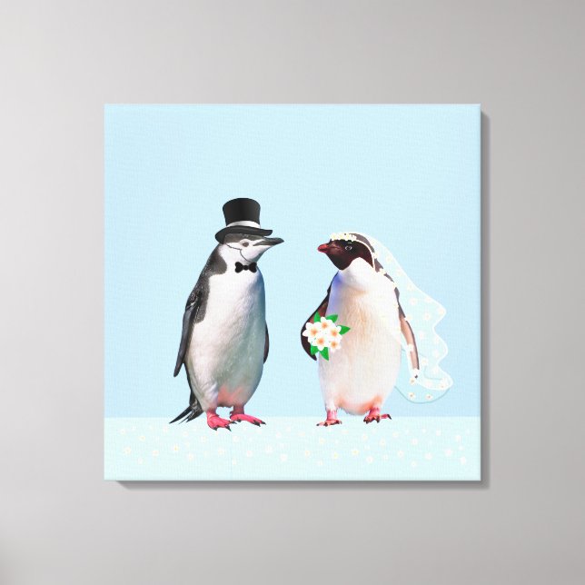 Beautiful Wedding Penguin Couple on Light Blue Canvas Print (Front)