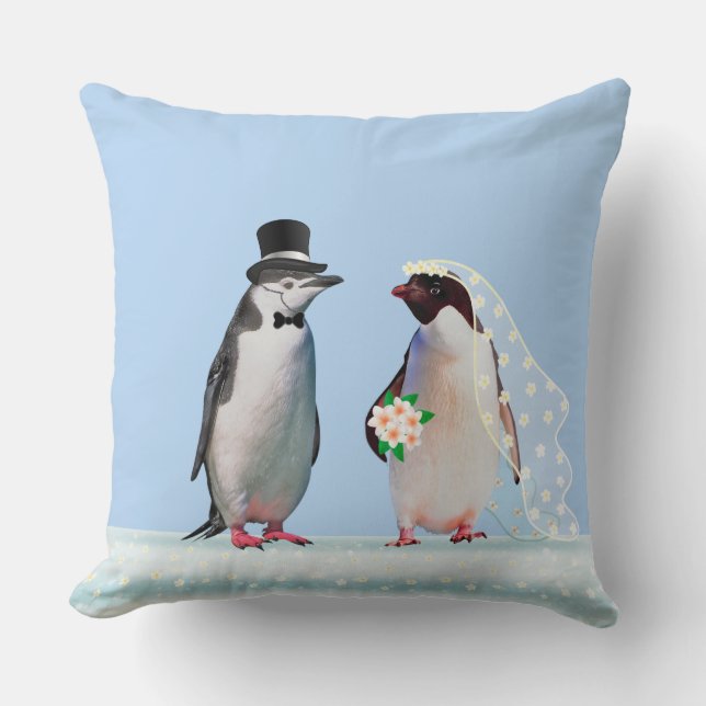 Beautiful Wedding Penguin Couple on Light Blue Throw Pillow (Front)