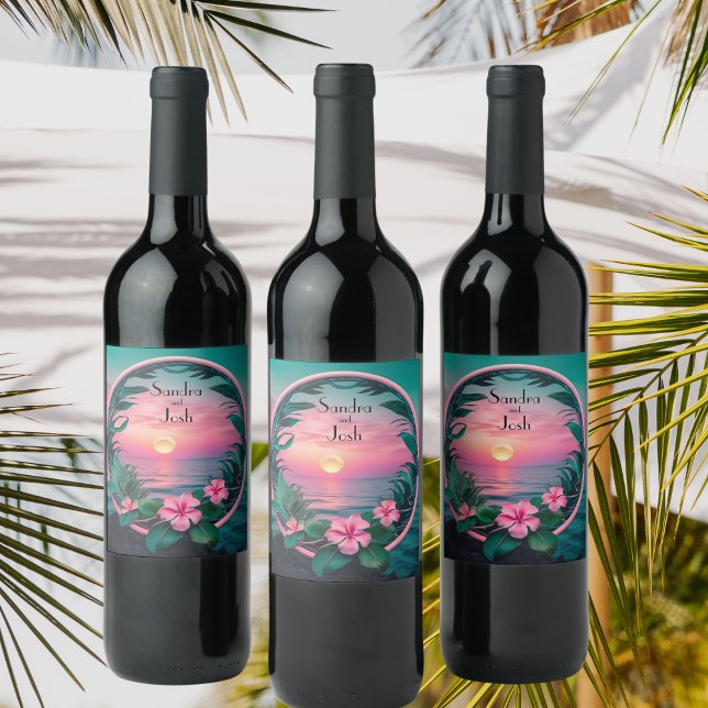 Beautiful Wedding Tropical Flower Sunset Wreath Wine Label (Creator Uploaded)