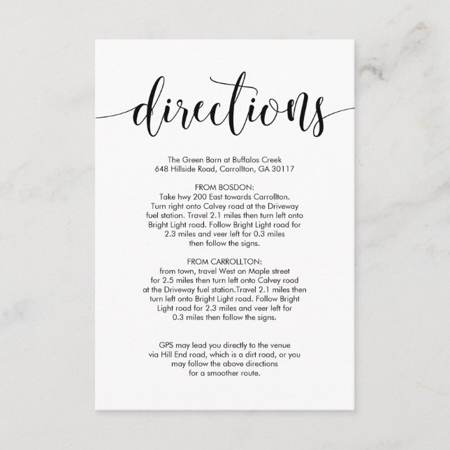 Beautiful Wedding Venue Directions, Black font Enclosure Card (Front)