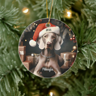 Beautiful Weimaraner with Santa Hat Christmas Ceramic Ornament