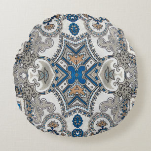 Beautiful white and blue arabesque, islamic paté round pillow