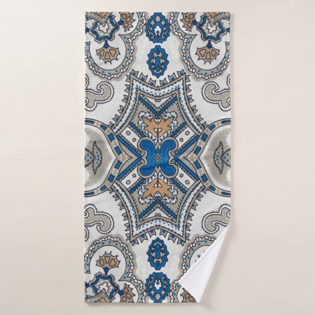 Beautiful white and blue arabesque, islamic patter bath towel (Bath Towel)