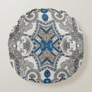 Beautiful white and blue arabesque, islamic patter round pillow