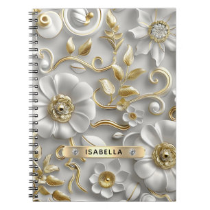 Beautiful White And Gold 3D Floral Custom Name Notebook