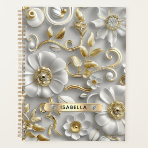 Beautiful White And Gold 3D Floral Custom Name Planner