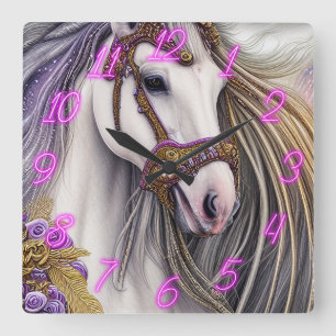 Beautiful White and Purple Horse with Neon Numbers Square Wall Clock