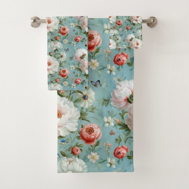 Beautiful White and Red Peonies Bath Towel Set (Insitu)