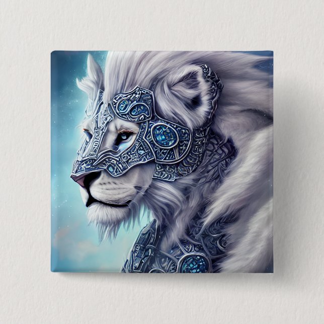 Beautiful White Armoured Warrior Lion  2 Inch Square Button (Front)