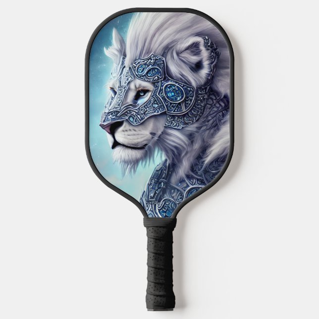 Beautiful White Armoured Warrior Lion Sherpa  Pickleball Paddle (Front)