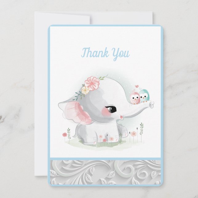 Beautiful White Baby Boy Elephant Thank You Card (Front)