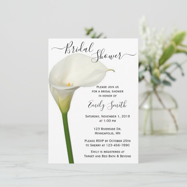 Beautiful White Calla Lily Floral Bridal Shower Invitation (Standing Front)