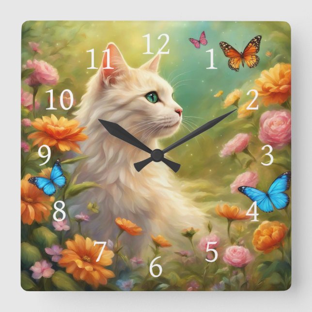 Beautiful White Cat in a garden 713 Square Wall Clock (Front)