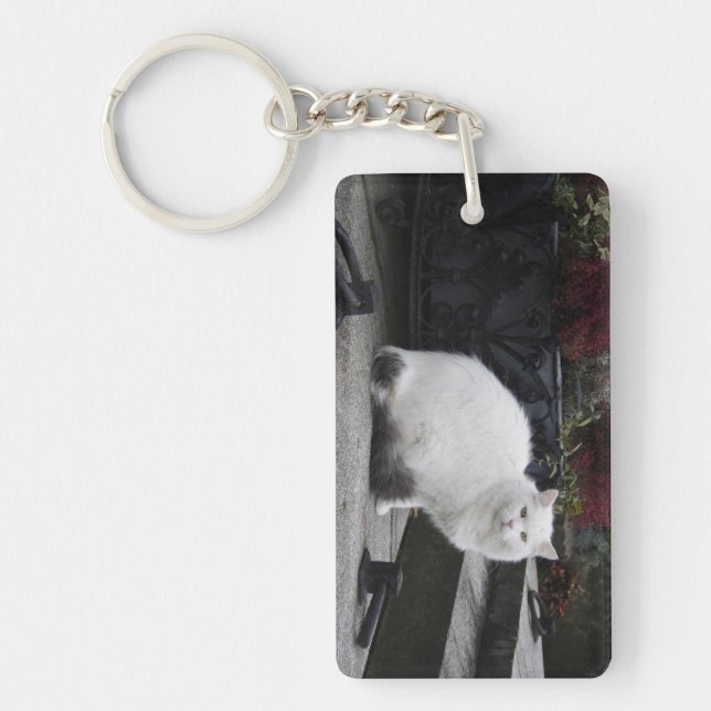 Beautiful White Cat On A Grave Keychain (Front)