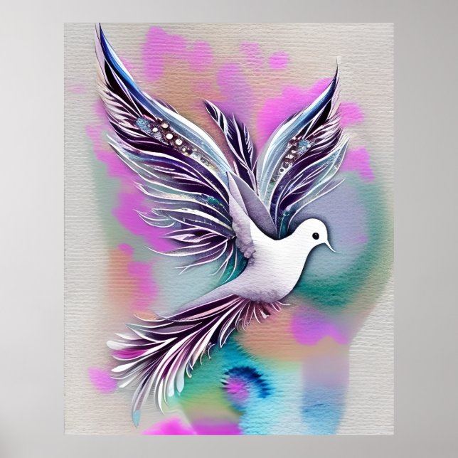 Beautiful White Ethereal Watercolor Dove Poster (Front)