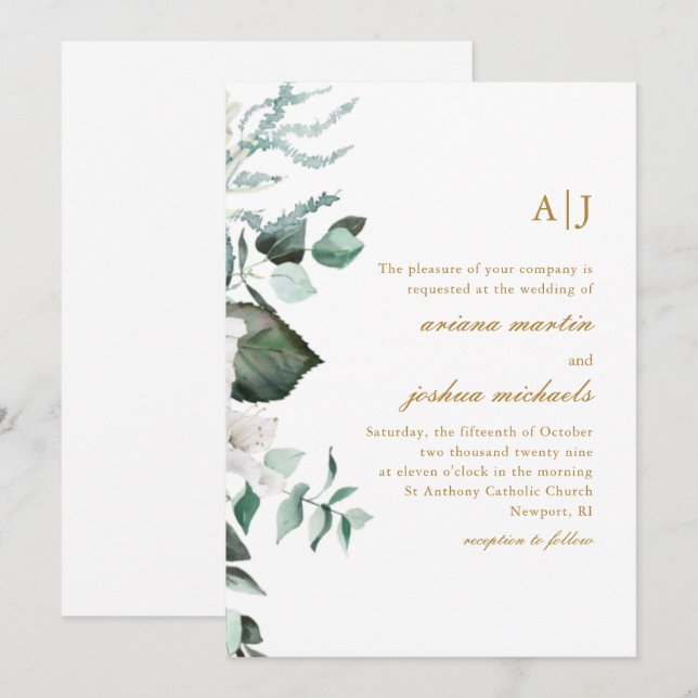 Beautiful White Floral and Greenery Monogram Invit Invitation (Front/Back)