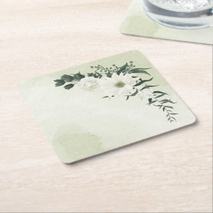 beautiful white floral greenery square paper coaster