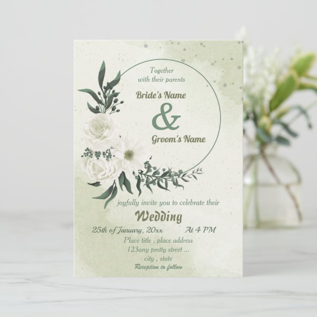 beautiful white floral greenery wreath wedding invitation (Standing Front)