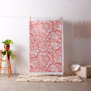 Beautiful White Floral Pattern Coral Background Fabric