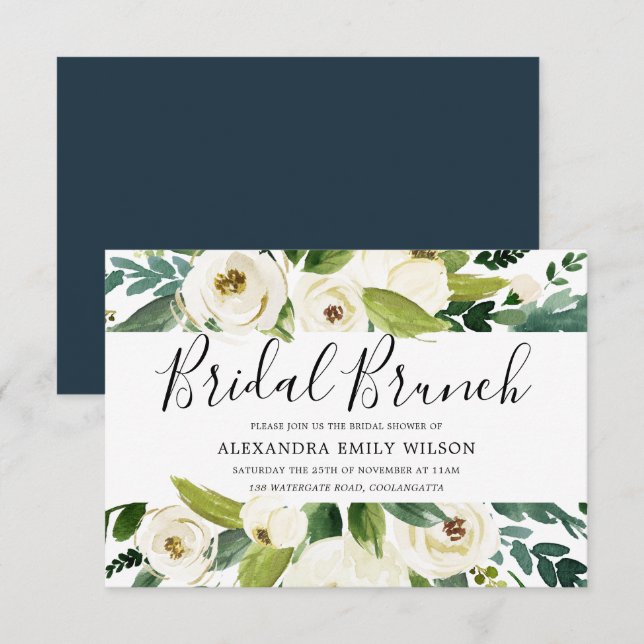 Beautiful White Flowers Green Bridal Shower Brunch Invitation (Front/Back)