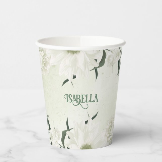 Beautiful white flowers green leaves paper cups (Left)