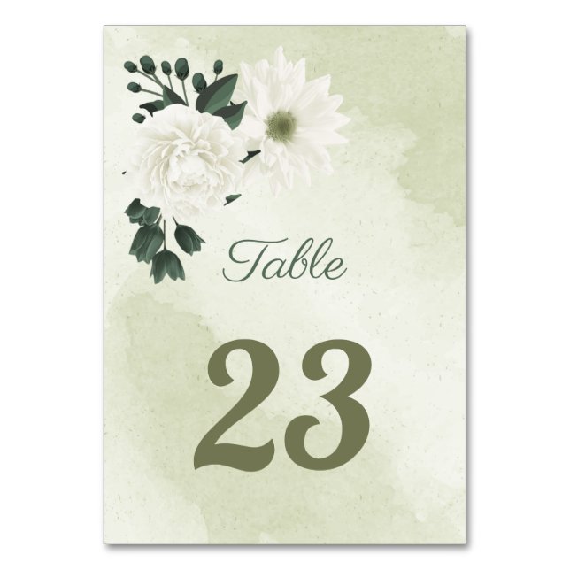 beautiful white flowers green leaves table number (Front)