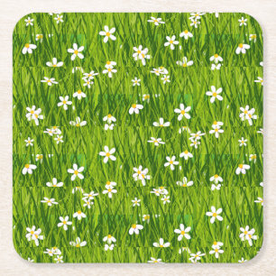 Beautiful White Flowers on Green Leaves Square Paper Coaster