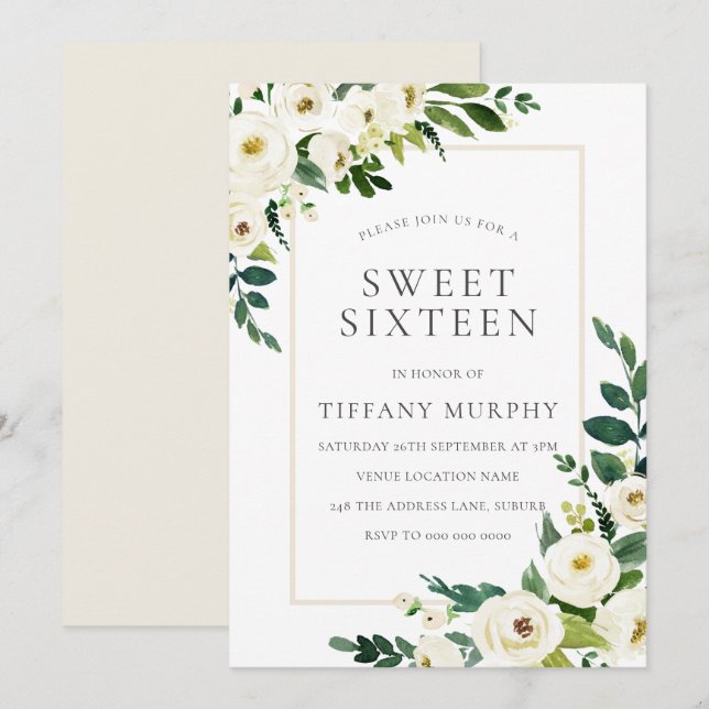 Beautiful White Flowers Sweet 16 Party Invitation (Front/Back)