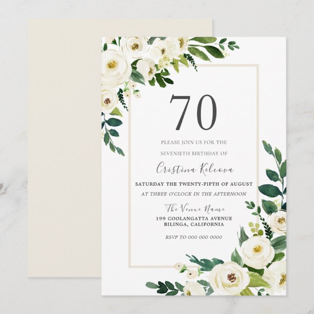 Beautiful White Flowers With Frame 70th Birthday Invitation (Front/Back)