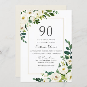 Beautiful White Flowers With Frame 90th Birthday Invitation