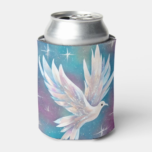 Beautiful White Glitter Peace Dove Can Cooler (Can Front)
