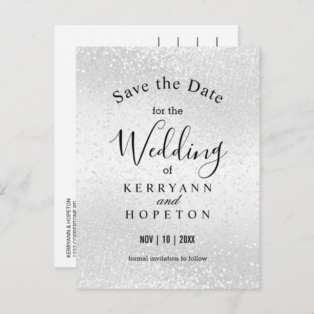 Beautiful White Glitter- Save The Date  Announcement Postcard (Front/Back)