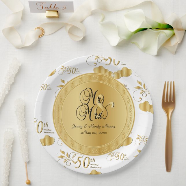 Beautiful White & Gold 50th Wedding Anniversary Paper Plate (Wedding)