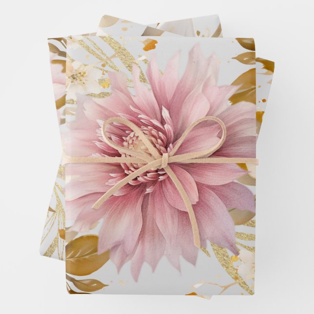 Beautiful White Gold Lavender Floral Wrapping Paper Sheet (In situ)