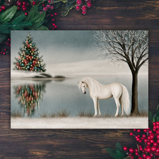 Beautiful White Horse by a Winter Lake Christmas Holiday Card