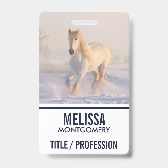 Beautiful White Horse Galloping in the Snow Badge (Front)