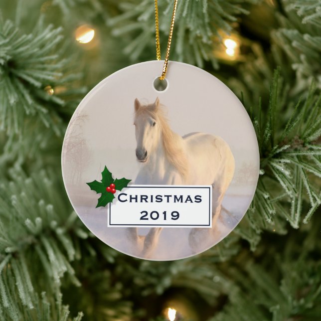 Beautiful White Horse Galloping in the Snow Ceramic Ornament (Tree)