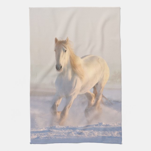 Beautiful White Horse Galloping in the Snow Kitchen Towel (Vertical)