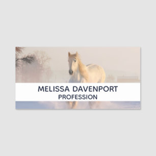 Beautiful White Horse Galloping in the Snow Name Tag