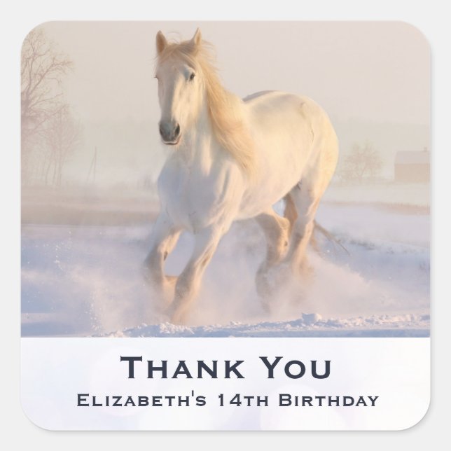 Beautiful White Horse Galloping in Winter Birthday Square Sticker (Front)