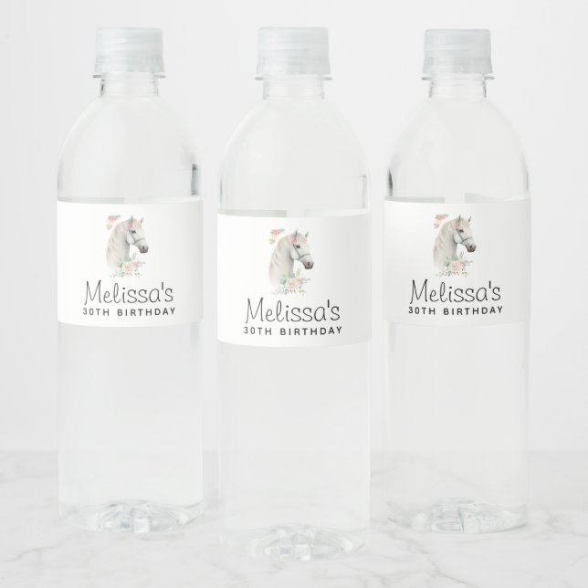 Beautiful White Horse Head Boho Floral Birthday Water Bottle Label (Bottles)