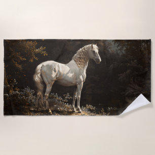 Beautiful White Horse Oil Painting Vintage Beach Towel