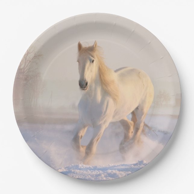 Beautiful White Horse Running in the Snow Paper Plate (Front)