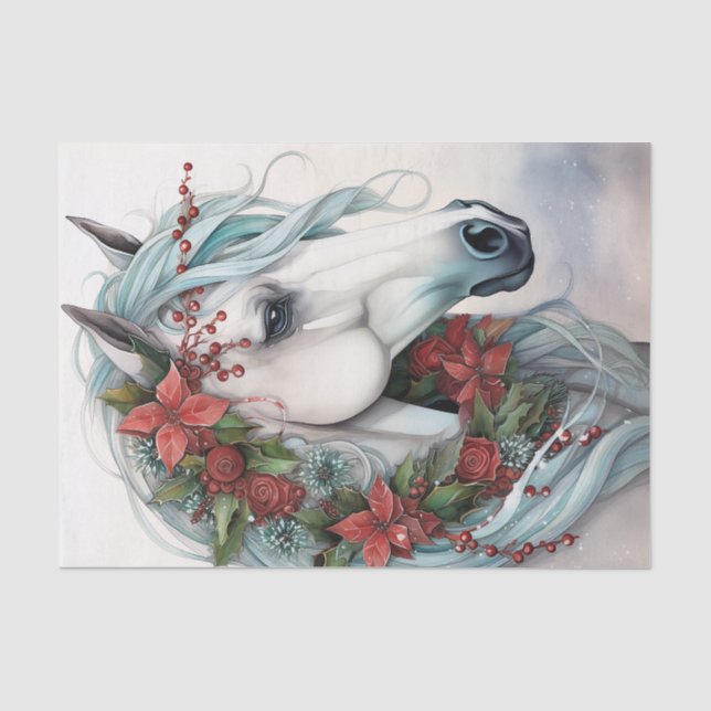 Beautiful White Horse with Red Flowers Christmas Tissue Paper (Front)